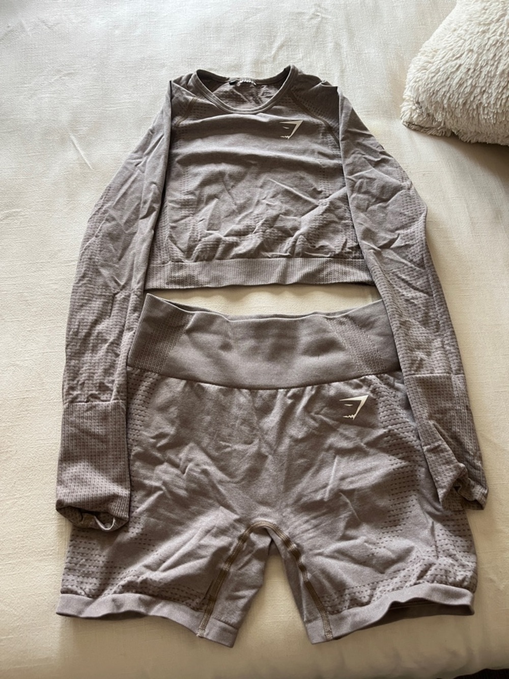 Gymshark Seamless Crop Long Sleeve Top & High-Waist Shorts - Taupe